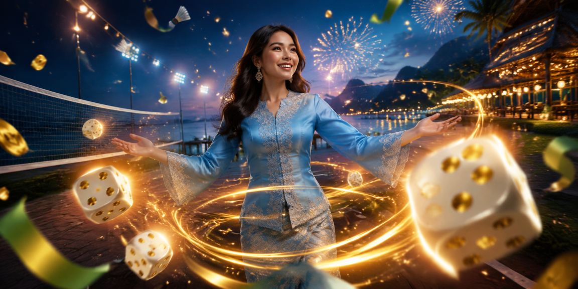 Suasana permainan dadu dan kad bergaya baju kurung Langkawi dengan peranti mudah alih moden